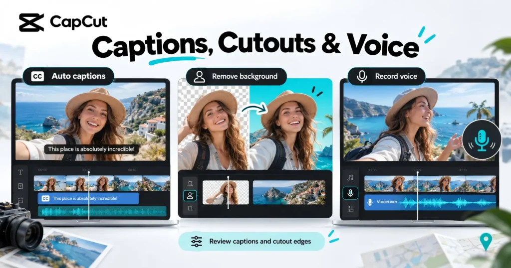 Three panels showing video captions, a background cutout, and a recorded voice waveform.