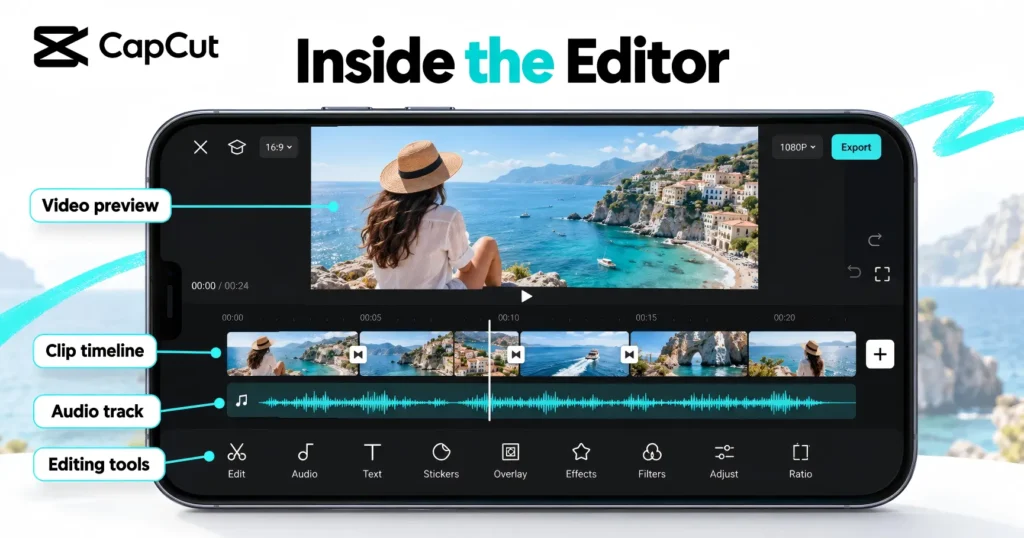 Landscape phone displaying an editing interface with labeled preview, clip timeline, audio track, and tools.
