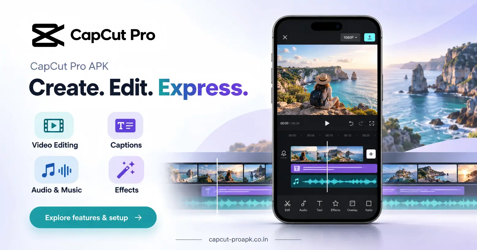 CapCut Pro mobile editing mockup showing a video timeline, captions, audio, and effects.