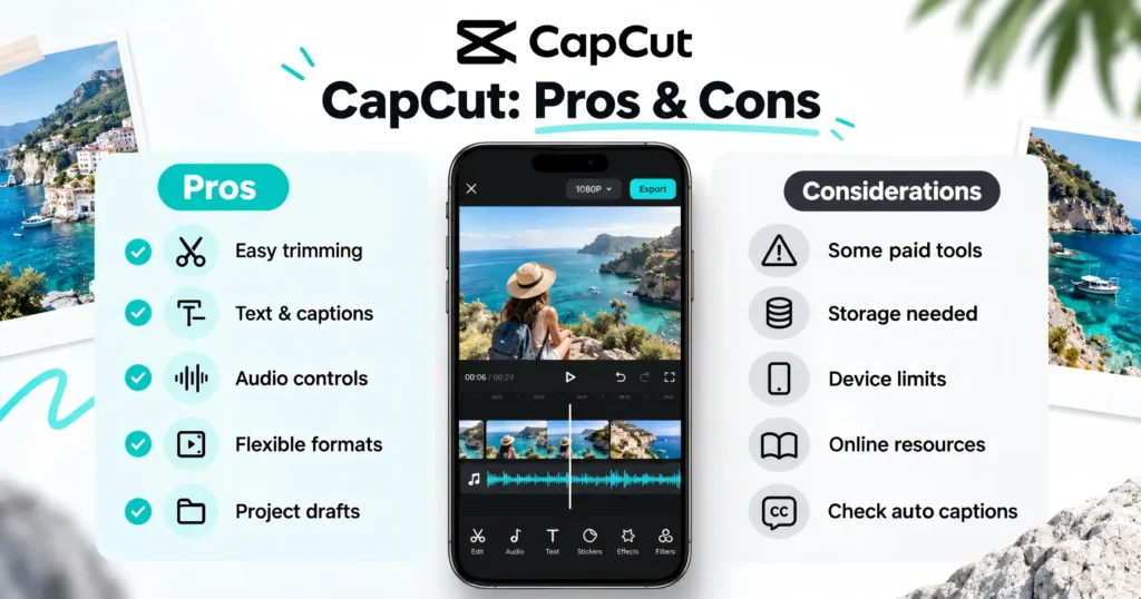 CapCut-style phone editor between columns listing editing benefits and limitations such as paid tools and storage needs.