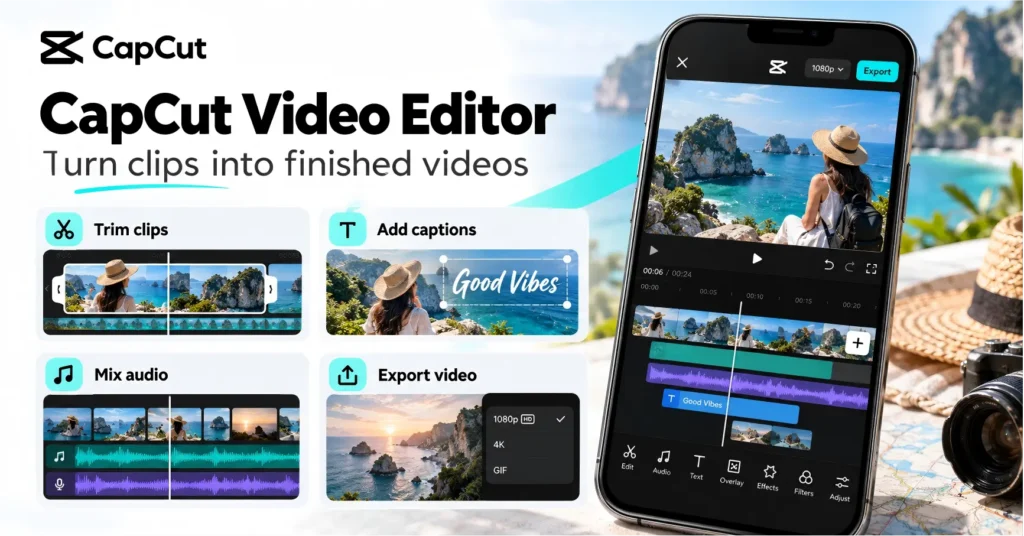Phone mockup showing a CapCut-style editor beside trimming, captions, audio, and export examples.