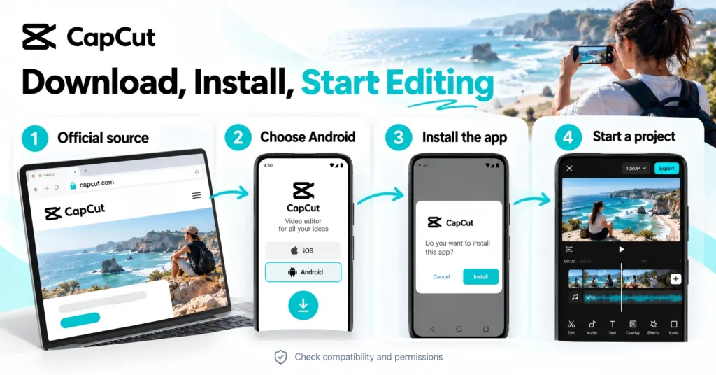 Android and iPhone mockups beside store options and a note that APK files do not install on iPhone.