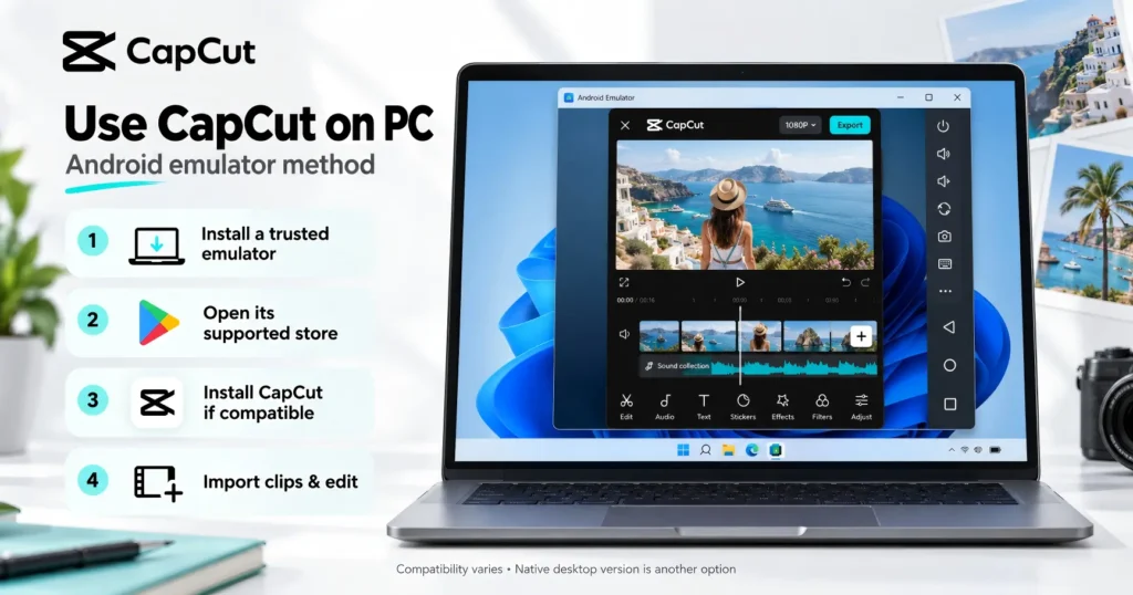 Laptop showing a CapCut-style editor inside an Android emulator beside four setup steps.