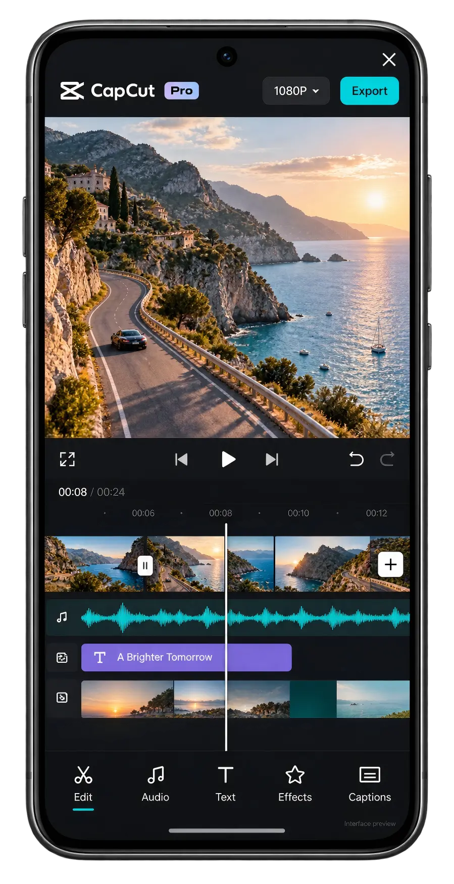 Illustrative CapCut editing interface showing a video preview, timeline, audio tracks, and editing tools