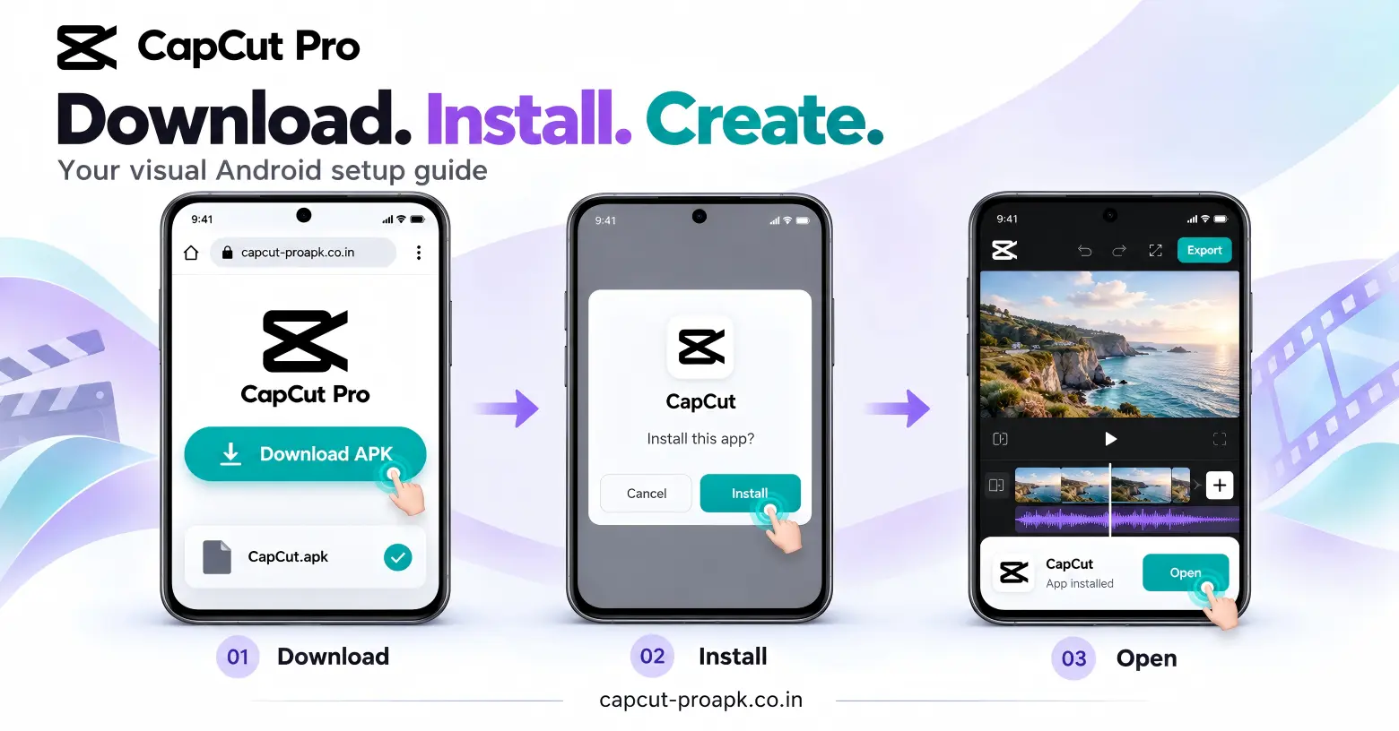 Three phone mockups showing how to download the CapCut APK, install it, and open the app.
