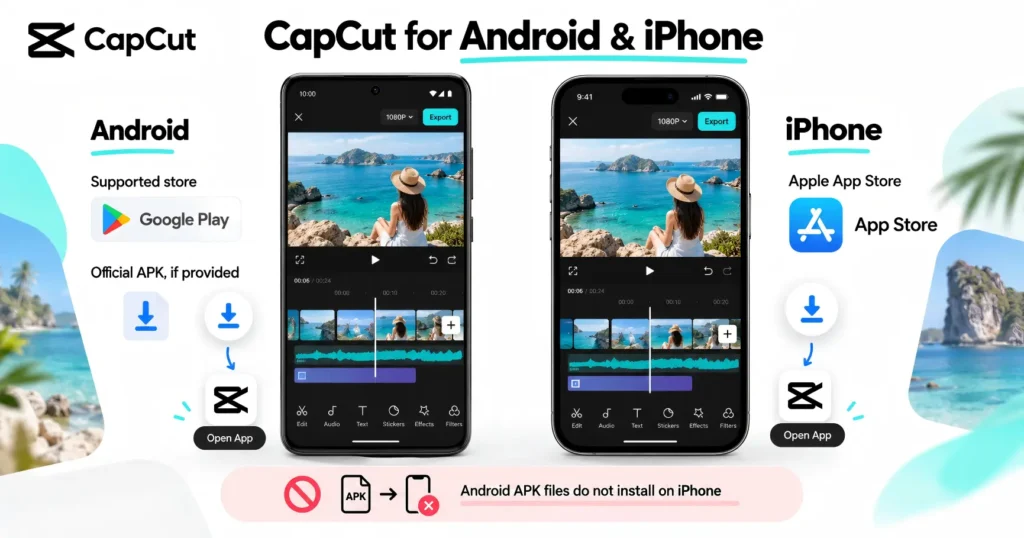 Android phone mockup beside three steps for choosing a device, installing CapCut, and adding clips.