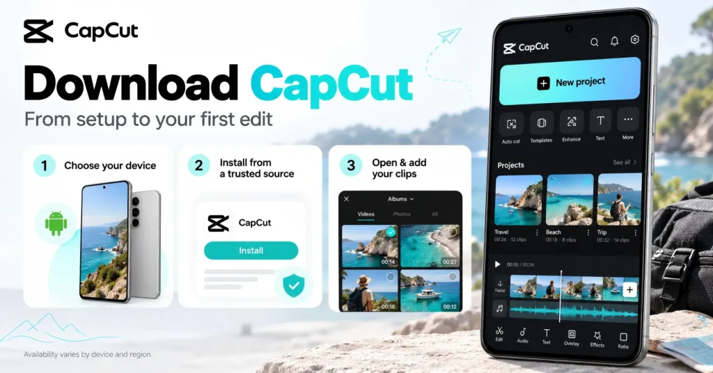 Four steps showing the CapCut website, Android selection, installation prompt, and video editing screen.