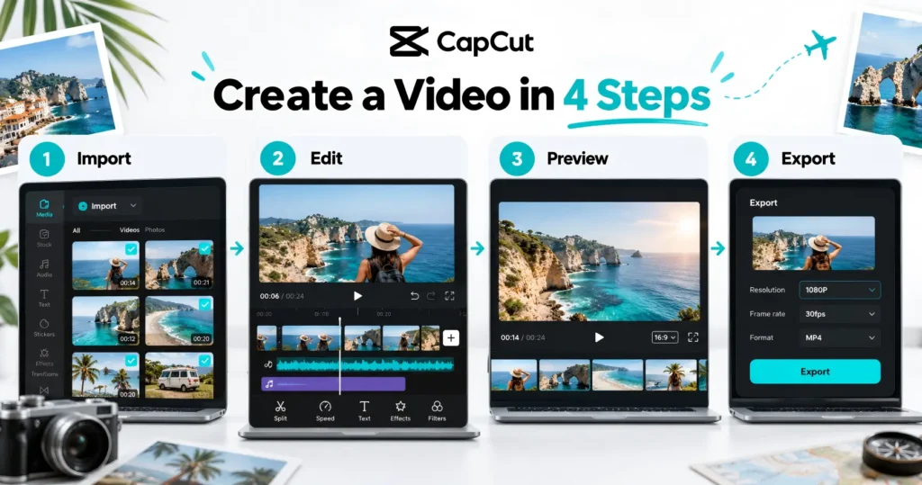 Four editing panels showing media import, timeline editing, video preview, and export settings.
